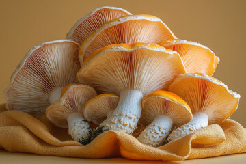 Poster - A set of wild mushrooms displayed on a cloth, isolated on a pastel yellow background, representing the variety found in nature,