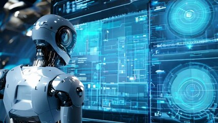 Poster - A humanoid robot observes multiple digital displays filled with data, immersed in a high-tech setting.