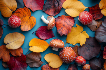 Poster - A forest floor covered in fallen leaves and mushrooms, isolated on a pastel blue background, symbolizing the abundance of nature,