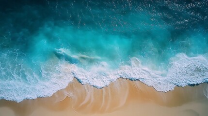 Poster - Aerial drone footage of sea ocean waves reaching shoreBeach with aerial drone Beach clear turquoise top view Beautiful beach : Generative AI
