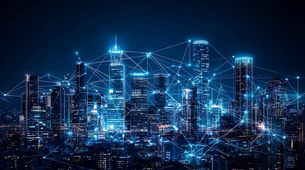 Wall Mural - Glowing digital cityscape with a network of lights and lines connecting skyscrapers, night view, copy space for text,