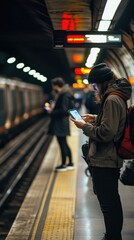 People wait on the subway platform during the evening rush hour, absorbed in their devices, as train lights illuminate the area