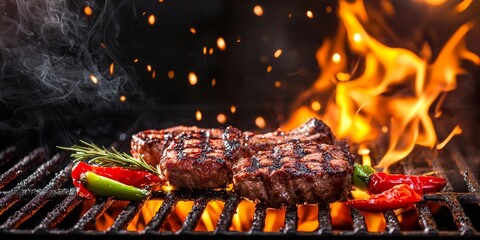 A barbecue grill with flames licking the edges of sizzling meat and vegetables.