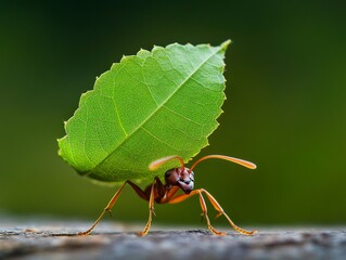 a red ant carries a large green leaf, showcasing the strength and determination of nature's tiny wor