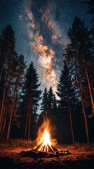 Sticker - A campfire in the middle of a forest with stars above, AI