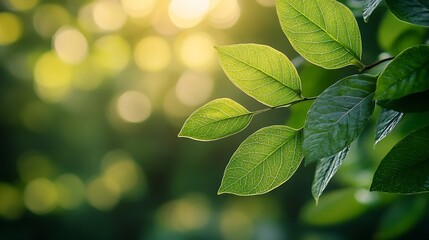 Poster - Beautiful nature view of green leaf on blurred greenery background in garden and sunlight with copy space using as background natural green plants landscape ecology fresh wallpaper con : Generative AI