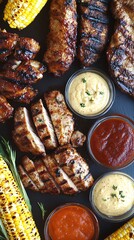 Wall Mural - Grilled chicken with corn on the cob, sauces and herbs.