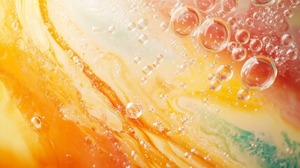 Poster - Top view movement of oil bubbles in the liquid Oil surface multicolored background Fantastic structure of colorful bubbles Colorful artistic image of oil drop floating on the water : Generative AI