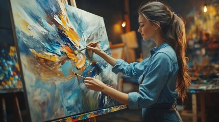 Poster - Talented Female Artist Working on a Modern Abstract Oil Painting Gesturing with Broad Strokes Using Paint Brush Dark Creative Studio Large Picture Stands on Easel Illuminated Tools Eve : Generative AI