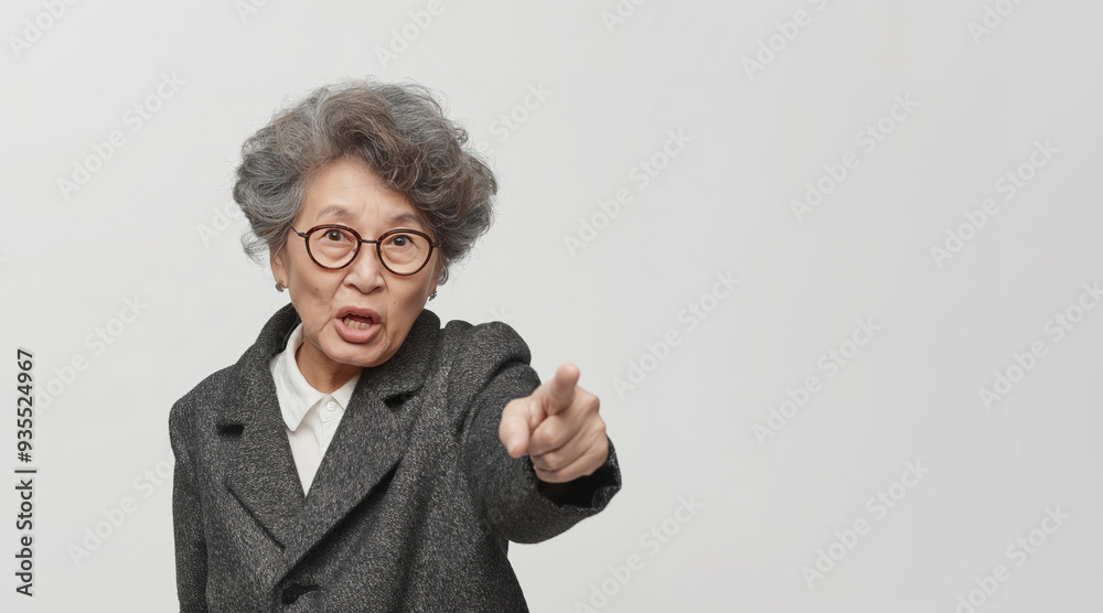 Angry elderly woman with gray hair and glasses pointing and shouting ...