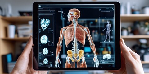 Wall Mural - Tablet displaying anatomical muscle model, x-rays.