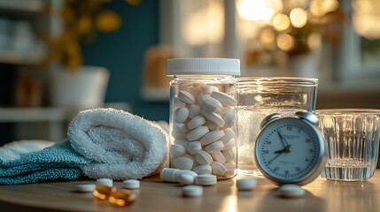 The white pills and vitamin E capsules were poured from two unbranded pill bottles On the table there is a glass of water cloth towel and an alarm clock Mockup for advertising with med : Generative AI