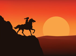 Wall Mural - dramatic wild west vector silhouette scene with native american woman riding horse at cliff top with sunset view over mountains