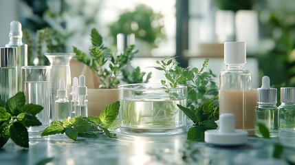 Poster - eco skin care beauty products in cosmetic laboratory development Natural drug research with organic plant and scientific extraction in glassware Alternative green herb medicine for bod : Generative AI