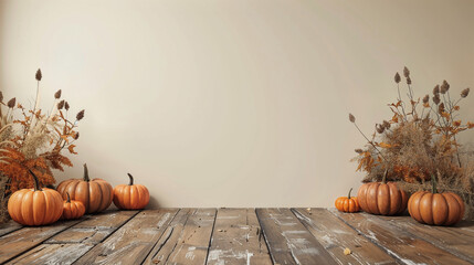 Empty wooden floor or table made of old oak planks with pumpkins and autumn leaves over modern beige background. Halloween or Thanksgiving mock up for design and product display