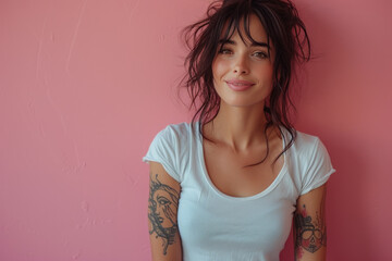 Natural beauty smiling against pink wall in casual attire