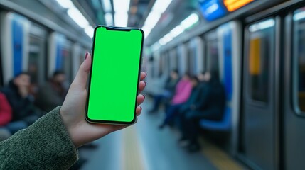 Woman is holding a smartphone with green or chroma key screen in blurred subway train station blurred background, perfect for showcasing apps and mobile technology, travel and navigation concept