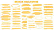 © filmanana - Large marker orange set, brush pen hand drawn underline. Highlighter collection, brush lines, isolated. Vector highlighter graphic stylish element. Watercolor orange hand drawn highlight set.