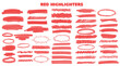 © filmanana - Marker red set, brush pen hand drawn underline. Highlighter collection, brush lines, isolated. Vector highlighter graphic stylish element. Watercolor red hand drawn highlight set.