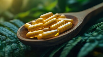 Aufkleber - Herbal capsules in wooden spoon Natural herbs Alternative Medicine Herbal supplement : Generative AI