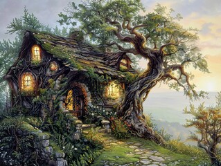 Canvas Print - Enchanted Cottage in the Forest: A Dreamy Landscape Painting