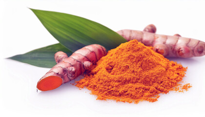 Turmeric Root and Powder with Green Leaves on White Background