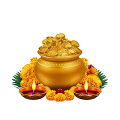 Happy Dhanteras, subh dhanteras, akshaya tritiya, golden kalash with diya isolated on transparent background