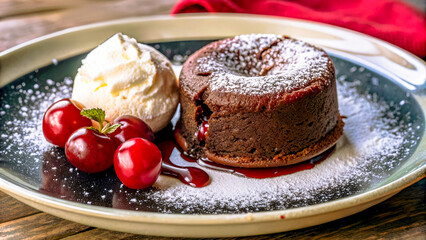 Gourmet tasty chocolate fondant cake with vanilla ice cream and cherry garnish, a perfect indulgence for gourmet dessert lovers, restaurant and cafe menus, advertising, food blogs and magazines