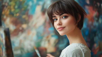 Poster - A very pretty woman with a short haircut is working hard trying to think of something to paint and add on the canvas in front of her : Generative AI