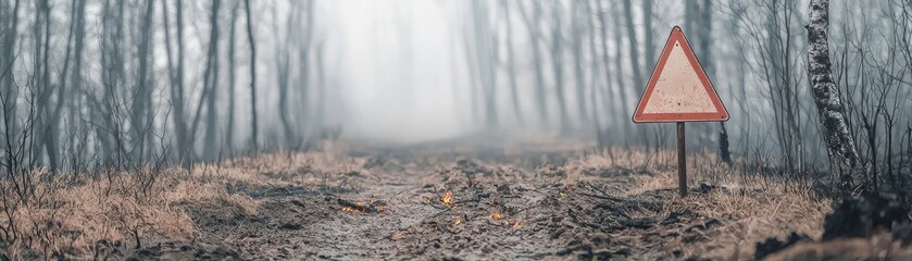 A fire hazard warning sign in a dry, forested area, cautioning visitors to be careful with flames.