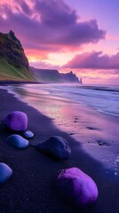 Wall Mural - Purple Rocks, Black Sand, and Pink Clouds at a Sunset Beach