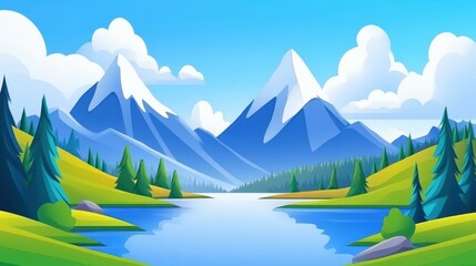 Wall Mural - Discover the peaceful beauty of a lake surrounded by majestic mountains in a sleek, contemporary illustration style.