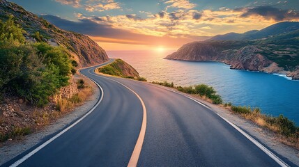 Poster - highway landscape at colorful sunset Road view on the sea colorful seascape with beautiful road Way view on ocean beach coastal road in europe Beautiful nature scenery in the Mediterra : Generative AI