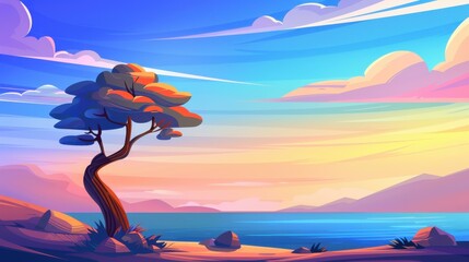 Wall Mural - A vibrant tree stands on a cliff, framed by breathtaking sea views and distant mountains in a playful, textured style.