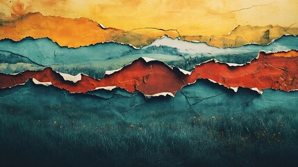 Poster - Abstract artistic collage with torn deckled paper edges in natural earth colors Colorful fields and meadows with textured copyspace Analog aesthetic art technique : Generative AI