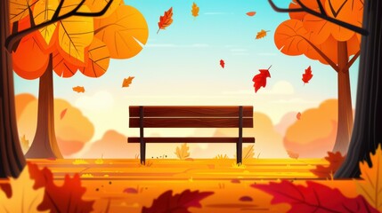 Sticker - Experience a peaceful autumn scene with vibrant leaves dancing around a cozy, empty bench in a charming flat design.