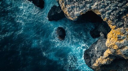 Poster - Sea and volcanic rocks closeup aerial view natural background : Generative AI