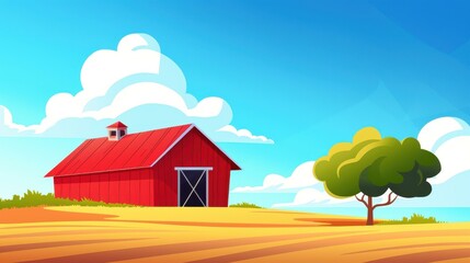 Poster - Experience a bright cartoon barn with towering windows that showcase stunning scenery and a vibrant, airy vibe.