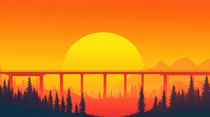 Sticker - Witness the calm of twilight with a modern bridge framed by dark tree silhouettes in a vivid and textured artwork.