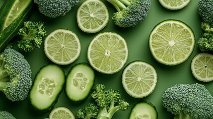 Poster - Creative layout made of broccoli cucumber and lime on the green background Food concept Macro concept : Generative AI
