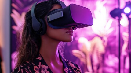 Poster - A woman experiences virtual reality, fully immersed in a colorful environment with soft lighting and artistic decor.