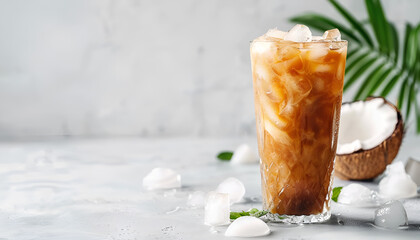 Wall Mural - Vegan Iced coffee in tall glass. Black espresso coffee on iced cubes with fresh organic coconut milk in a tall glass on table isolated on white background