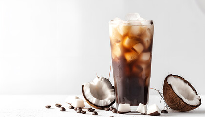 Wall Mural - Vegan Iced coffee in tall glass. Black espresso coffee on iced cubes with fresh organic coconut milk in a tall glass on table isolated on white background