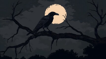 Raven on Branch Under Full Moon   Night Sky Illustration