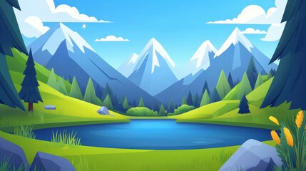 Sticker - Experience a breathtaking mountain scene with a serene lake, lush greenery, and a whimsical flat design that enchants the eye.