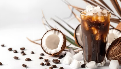 Wall Mural - Vegan Iced coffee in tall glass. Black espresso coffee on iced cubes with fresh organic coconut milk in a tall glass on table isolated on white background