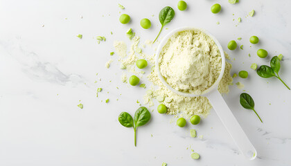 Plant base protein Pea Protein Powder in plastic scoop with fresh green Peas seeds on white Background