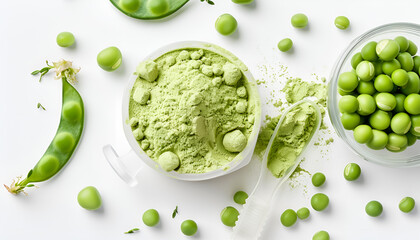 Plant base protein Pea Protein Powder in plastic scoop with fresh green Peas seeds on white Background