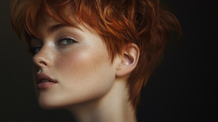 Poster - A young woman with vibrant red hair and captivating green eyes gazes elegantly, showcasing her freckles and profile in soft light.