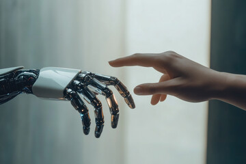 Poster - Handshake between robot and human on white background. Concept of technology development, artificial intelligence, partnership, cooperation